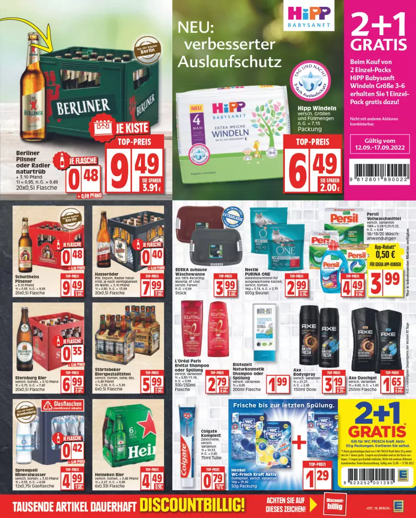 Aktueller Prospekt Edeka - Angebote der Woche - von 12.09 bis 17.09.2022 - strona 19 - produkty: Alwa, arla, axe, axe duschgel, berliner, beutel, bier, bio, Blüte, body, bodyspray, Clin, colgate, coupon, deka, duschgel, eis, elvital, flasche, glasflasche, hasseröder, heineken, henkel, hipp, kosmetik, kraft, l'oreal, LG, mineralwasser, natur, naturkosmetik, oder radler, persil, pils, pilsener, pilsner, purina, radler, reis, Ria, shampoo, Spezi, Spreequell, spülung, Sternburg, störtebeker, Ti, Tiere, vita, vollwaschmittel, Wanne, waschmittel, wasser, wc frisch, WC Frisch Kraft Aktiv, windeln, ZTE