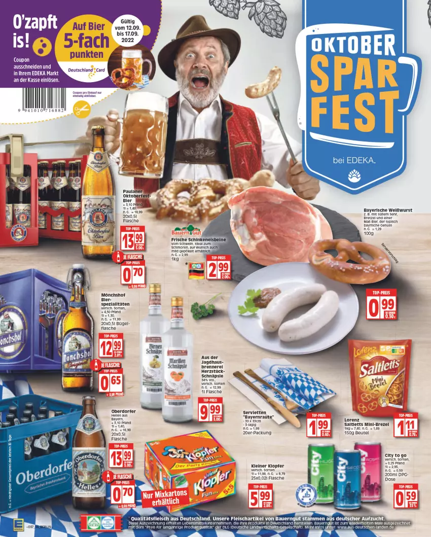 Aktueller Prospekt Edeka - Angebote der Woche - von 12.09 bis 17.09.2022 - strona 4 - produkty: auer, Bau, Bauer, bauerngut, beutel, bier, brezel, bügel, coupon, deka, deutschland card, eier, eis, elle, flasche, fleisch, kleiner klopfer, lebensmittel, leine, LG, mönchshof, nuss, reis, saltletts, senf, Serviette, servietten, Spezi, Ti, Weißwurst, wurst, ZTE