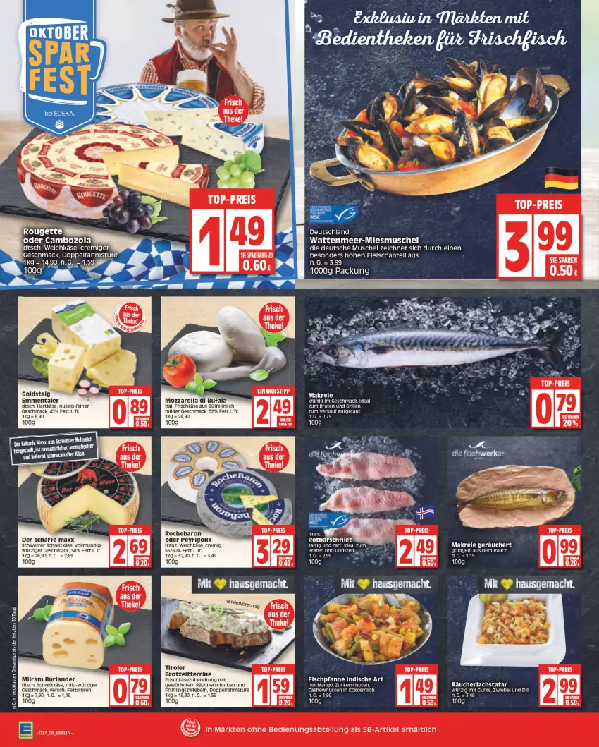 Aktueller Prospekt Edeka - Angebote der Woche - von 12.09 bis 17.09.2022 - strona 8 - produkty: braten, brot, burlander, cambozola, Cashew, deo, di bufala, doppelrahmstufe, eis, emmentaler, filet, fisch, frischkäse, goldsteig, grill, gurke, hartkäse, HP, Käse, kokos, lachs, mac, Makrele, mango, milram, mozzarella, nuss, pfanne, Rauch, Räucherlachs, reis, rel, Rotbarsch, rotbarschfilet, schinken, schnittkäse, schweizer schnittkäse, tee, terrine, Ti, top-preis, weichkäse, ZTE, zucker, zwiebel