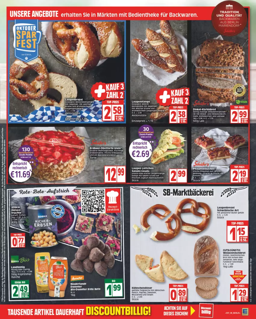 Aktueller Prospekt Edeka - Angebote der Woche - von 12.09 bis 17.09.2022 - strona 9 - produkty: angebot, angebote, angebotspreis, aufstrich, backwaren, beere, beeren, bio, brezel, brot, butter, deka, deutschland card, deutschlandcard, Dinkelbrot, eis, erdbeere, erdbeeren, erde, fleisch, frucht, gouda, Hefe, honig, joghur, joghurt, Käse, Kranz, kuchen, Kürbis, kürbiskerne, Laugenbrezel, Laugenstange, LG, mac, mandel, mehl, mozzarella, nuss, paprika, pflaume, pflaumen, reis, rel, rote bete, rum, sahne, salami, salz, sesam, Spezi, Tasche, Ti, tisch, top-preis, torte, Tüte, weizenmischbrot