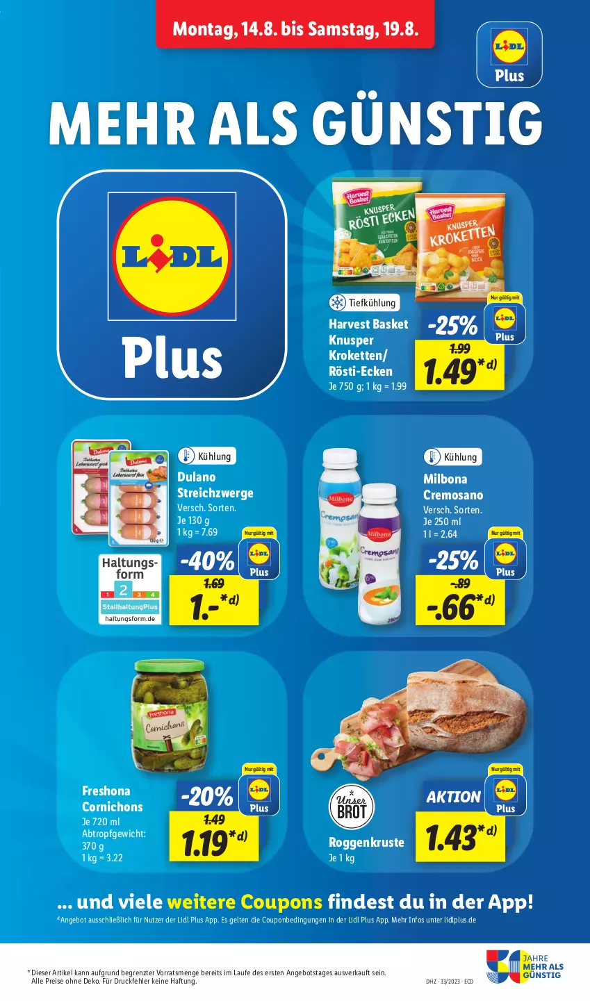 Aktueller Prospekt Lidl - Aktionsprospekt - von 14.08 bis 19.08.2023 - strona 13 - produkty: angebot, Bona, brot, coupon, coupons, dulano, eis, Kette, Kroketten, Milbona, reis, Ti, ZTE