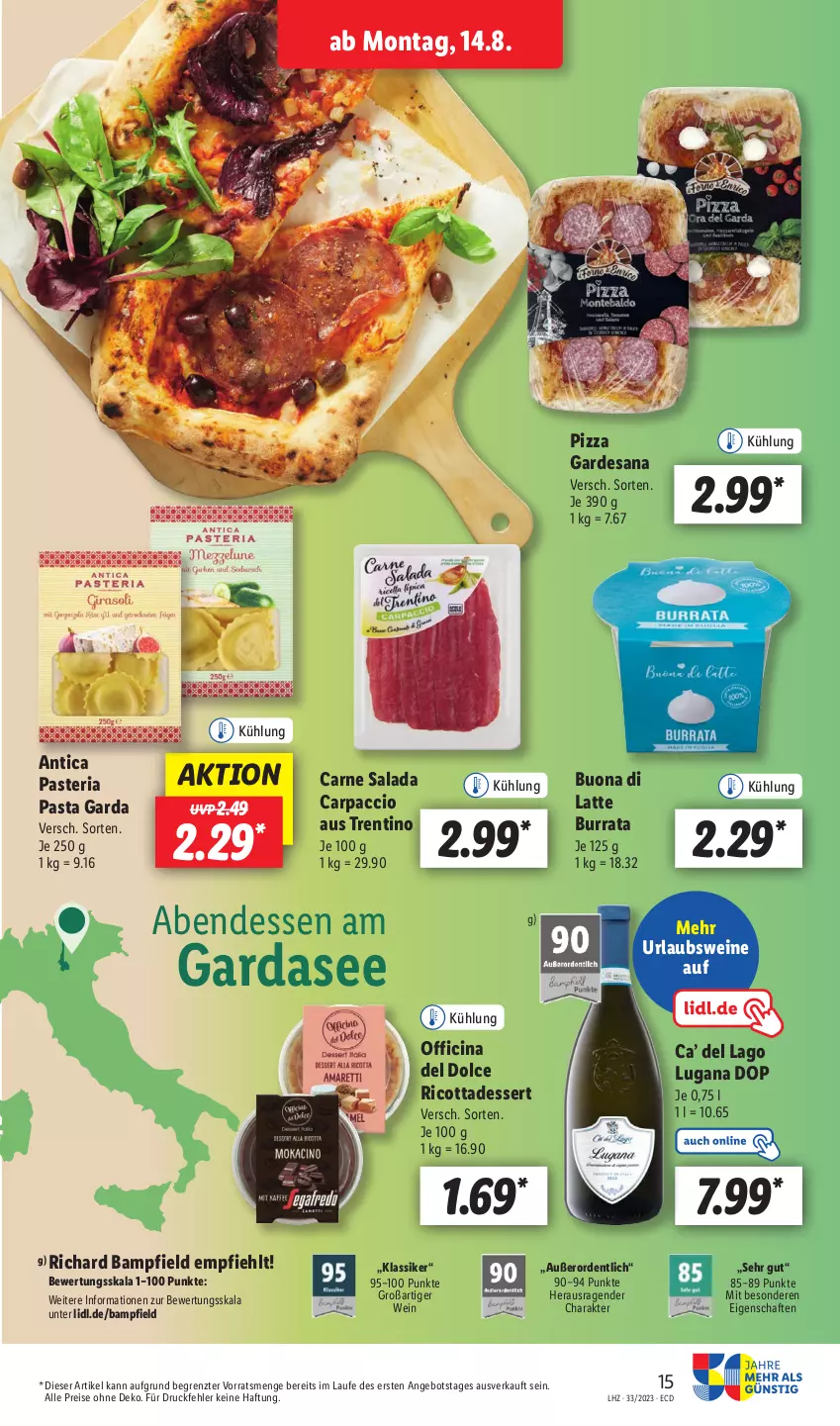 Aktueller Prospekt Lidl - Aktionsprospekt - von 14.08 bis 19.08.2023 - strona 19 - produkty: ACC, angebot, Burrata, Carne Salada, Carpaccio, cin, dessert, eis, latte, pasta, pizza, reis, Ria, ricotta, sana, Ti, wein, weine, ZTE