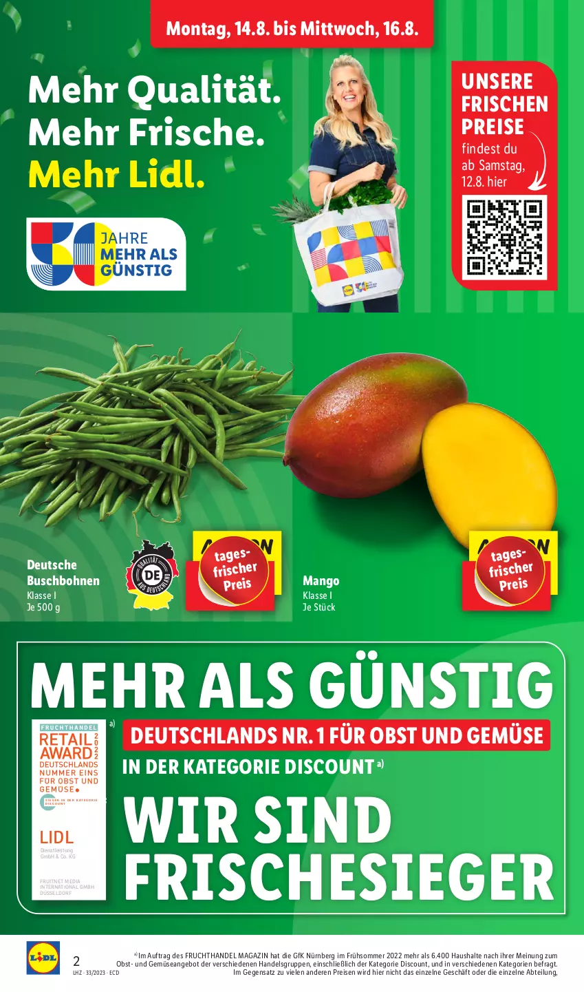 Aktueller Prospekt Lidl - Aktionsprospekt - von 14.08 bis 19.08.2023 - strona 2 - produkty: Abtei, angebot, bohne, bohnen, Buschbohnen, discount, eis, ente, frucht, magazin, mango, obst, Obst und Gemüse, reis, Ti, und gemüse