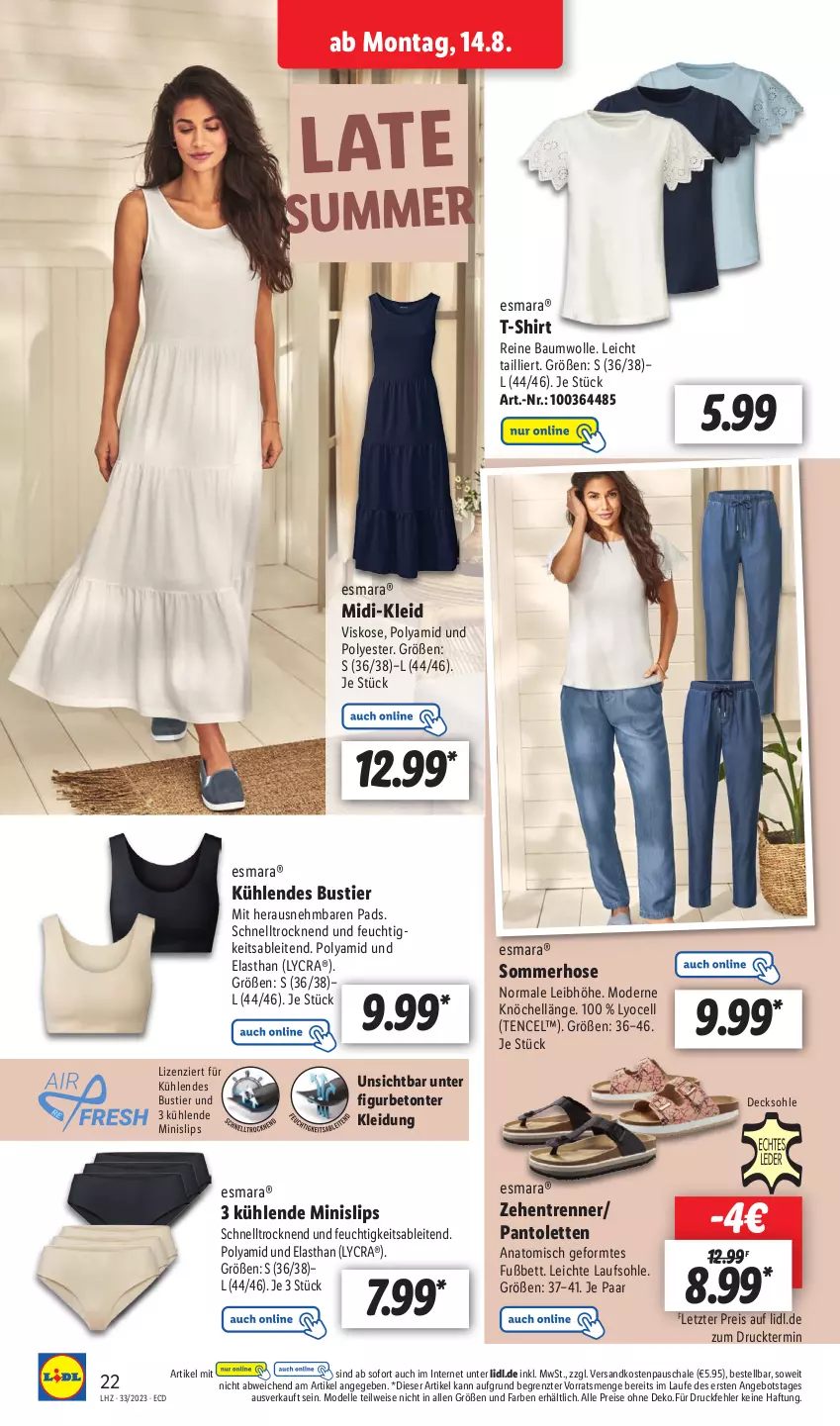 Aktueller Prospekt Lidl - Aktionsprospekt - von 14.08 bis 19.08.2023 - strona 28 - produkty: angebot, Bau, baumwolle, bett, decksohle, dell, eis, elle, esmara, hose, kleid, Kleidung, Minislip, Mode, ndk, pantolette, pantoletten, reine baumwolle, reis, Schal, Schale, shirt, slip, slips, Stier, T-Shirt, Ti, wolle, Yo, zehentrenner, ZTE