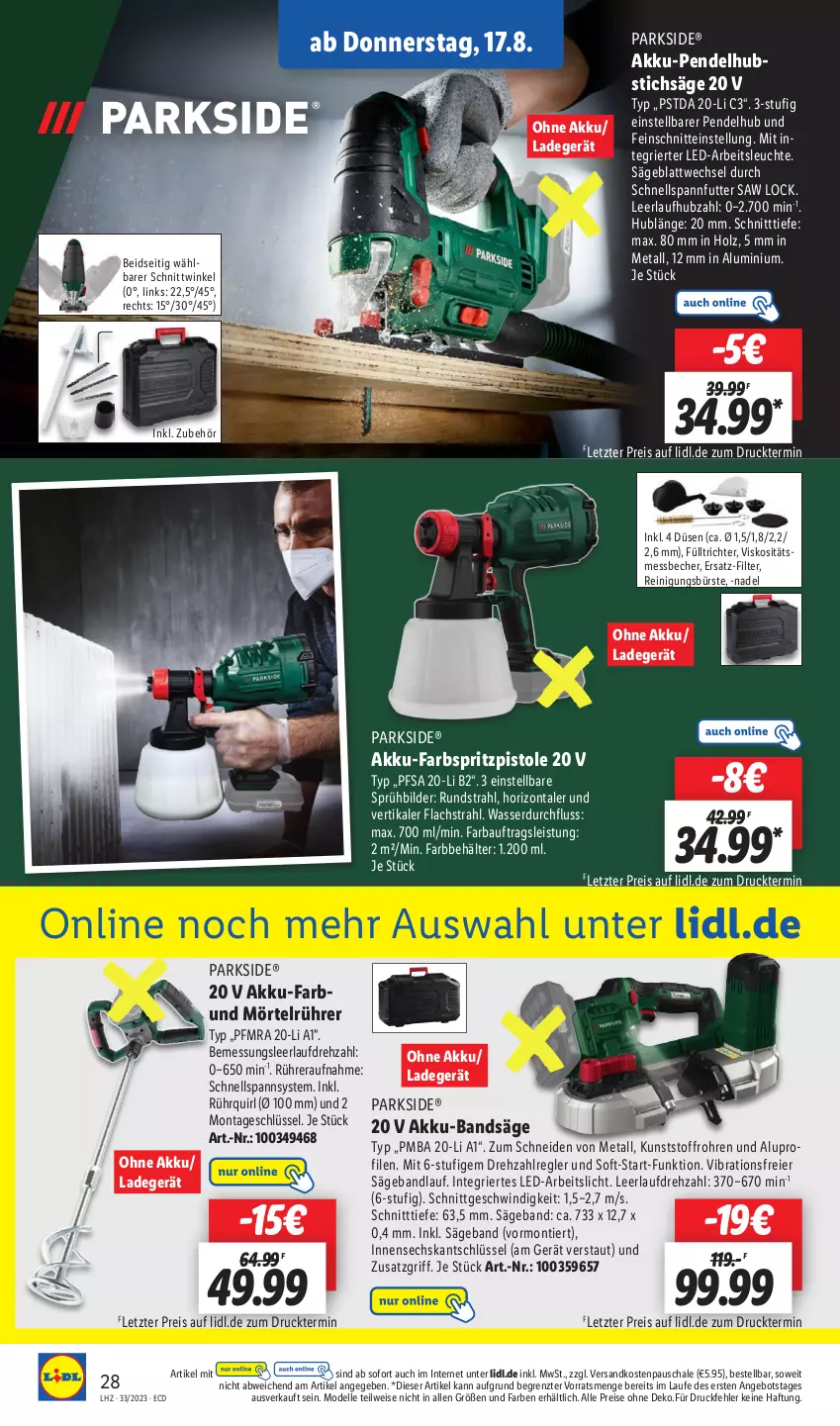 Aktueller Prospekt Lidl - Aktionsprospekt - von 14.08 bis 19.08.2023 - strona 34 - produkty: akku, angebot, Arbeitsleuchte, Bau, Becher, Behälter, bürste, dell, eier, eis, elle, Holz, lachs, ladegerät, Leuchte, Messbecher, Mode, ndk, Parkside, Pendelhubstichsäge, Reinigung, reinigungsbürste, reis, säge, Schal, Schale, stichsäge, Ti, wasser, ZTE