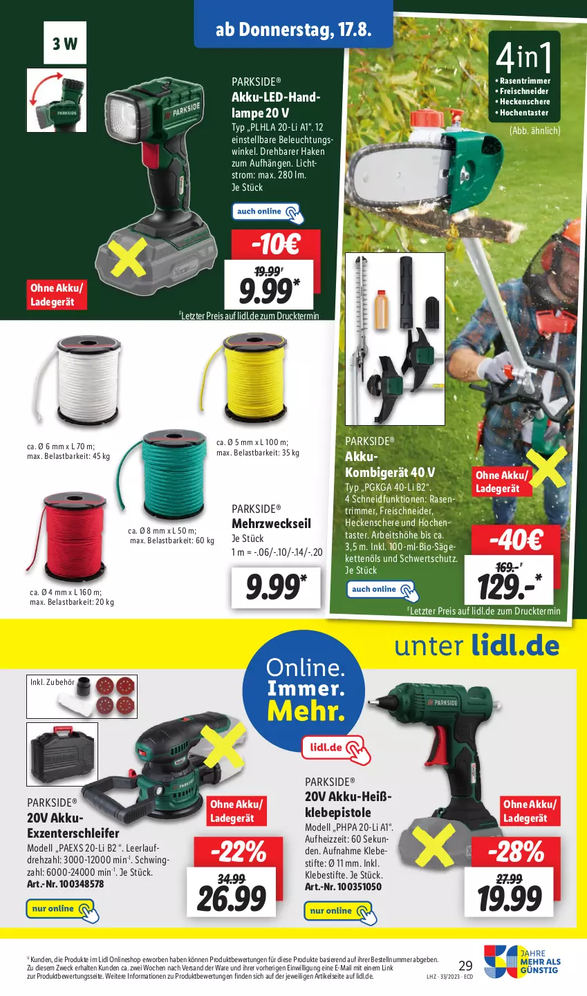 Aktueller Prospekt Lidl - Aktionsprospekt - von 14.08 bis 19.08.2023 - strona 35 - produkty: akku, beleuchtung, bio, dell, eis, ente, gsw, heckenschere, Heißklebepistole, HP, Kette, ladegerät, Lampe, Mode, Parkside, rasen, rasentrimmer, reis, säge, Schere, stifte, Ti, weck, ZTE