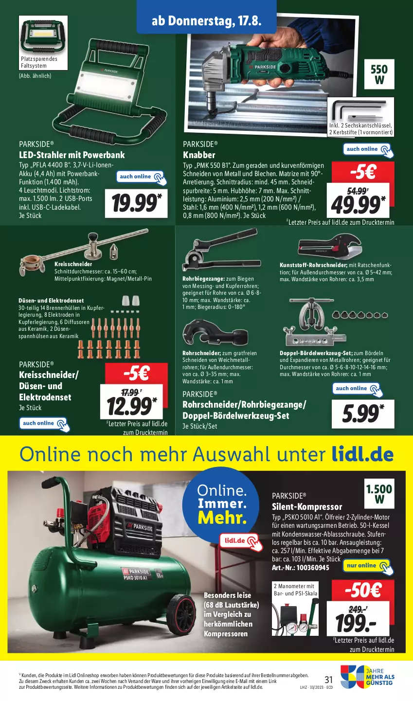 Aktueller Prospekt Lidl - Aktionsprospekt - von 14.08 bis 19.08.2023 - strona 37 - produkty: akku, Bank, Brei, deka, eier, eis, Elektro, kompressor, ladekabel, messer, Parkside, powerbank, reis, reiss, stifte, Ti, usb, wasser, weck, werkzeug, ZTE