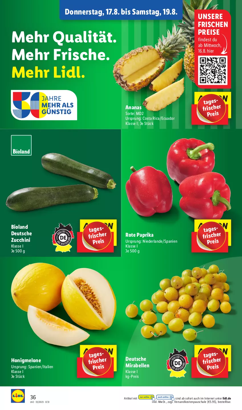 Aktueller Prospekt Lidl - Aktionsprospekt - von 14.08 bis 19.08.2023 - strona 48 - produkty: ananas, bio, bioland, eis, elle, honig, honigmelone, melone, ndk, paprika, reis, Schal, Schale, Ti, zucchini