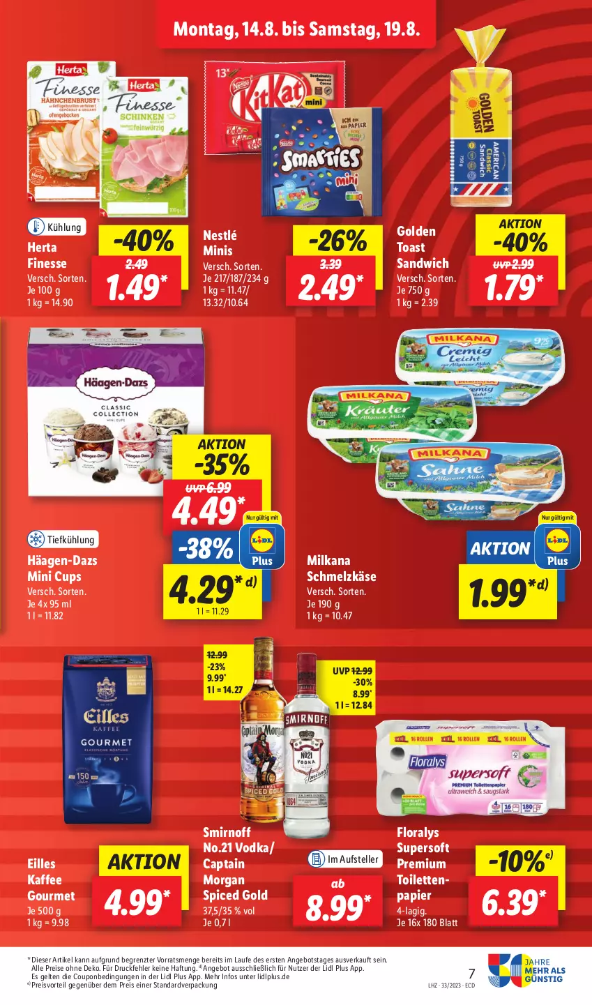 Aktueller Prospekt Lidl - Aktionsprospekt - von 14.08 bis 19.08.2023 - strona 9 - produkty: angebot, Cap, captain morgan, coupon, eis, elle, finesse, Floralys, golden toast, herta, herta finesse, kaffee, Käse, milka, milkana, nestlé, papier, preisvorteil, reis, sandwich, Schmelzkäse, smirnoff, teller, Ti, toast, vodka, ZTE