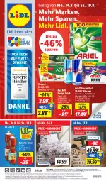 Gazetka promocyjna Lidl - Aktionsprospekt - Gazetka - ważna od 19.08 do 19.08.2023 - strona 1 - produkty: activia, akku, angebot, angebote, ariel, ariel waschmittel, Bad, bett, bettwäsche, bio, coupon, danone, danone activia, discount, drink, eis, eistee, energy drink, lebensmittel, Liege, preisvorteil, pril, red bull, reis, tee, Ti, vita, waschmittel, ZTE