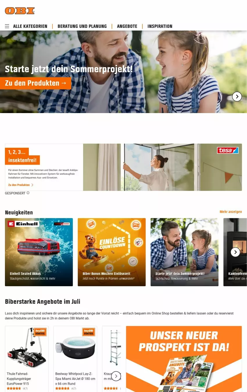 Aktueller Prospekt Obi - Prospekte - von 23.07 bis 31.07.2024 - strona 1 - produkty: angebot, angebote, bestway, einhell, elle, Fahrrad, fenster, Kamin, Kaminofen, Ofen, pool, tesa, Thule, Ti, werkzeug, Whirlpool