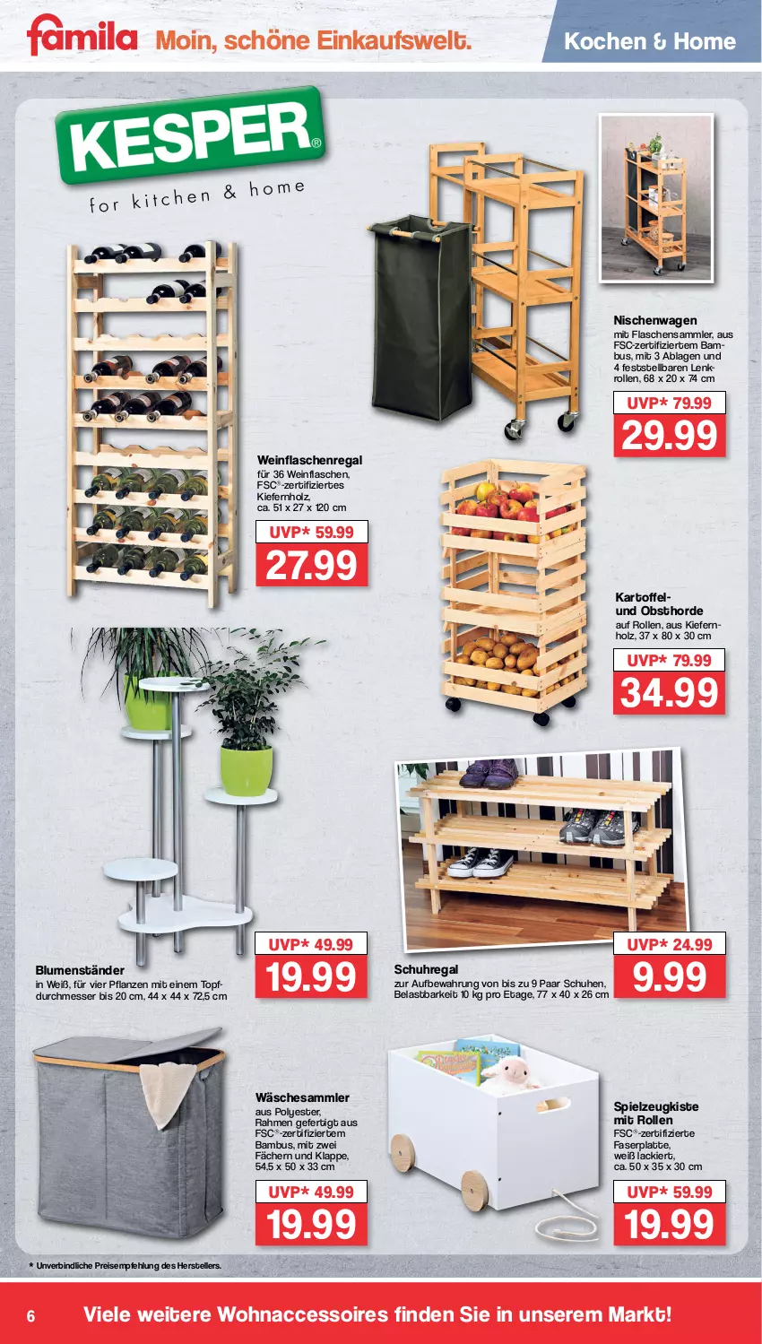 Aktueller Prospekt Famila - Prospekte - von 28.08 bis 02.09.2023 - strona 6 - produkty: ACC, accessoires, bambus, blume, blumen, eis, elle, flasche, Holz, kartoffel, lack, latte, messer, obst, paar schuhe, pflanze, pflanzen, regal, reis, schuhe, schuhregal, spielzeug, teller, Ti, topf, uhr, wein