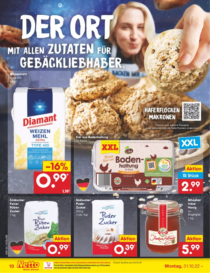 Aktueller Prospekt Netto Marken-Discount - Filial-Angebote - von 31.10 bis 05.11.2022 - strona 10 - produkty: bestpreis, bihophar, bügel, eier, eis, hafer, haferflocken, honig, krone, LG, mehl, ndk, reis, rezept, rezepte, südzucker, Ti, type 405, usb, weizenmehl, zucker