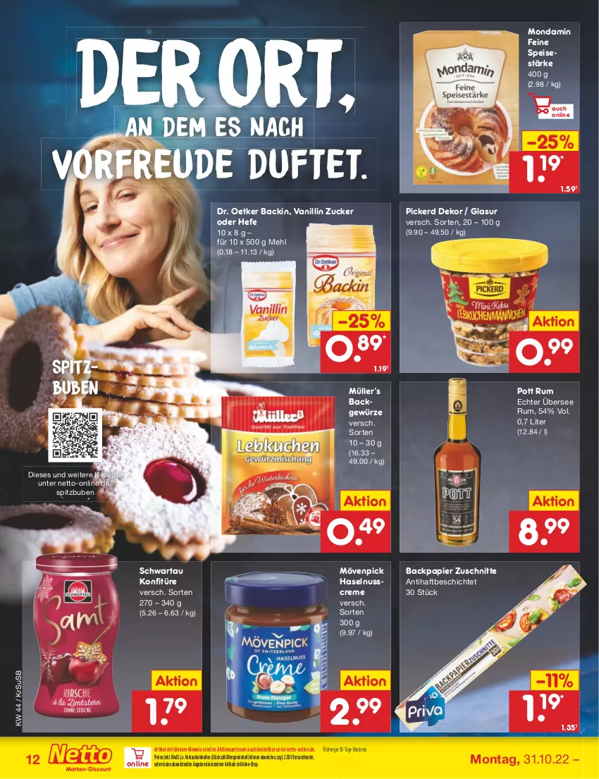 Aktueller Prospekt Netto Marken-Discount - Filial-Angebote - von 31.10 bis 05.11.2022 - strona 12 - produkty: bestpreis, creme, Dr. Oetker, eis, gewürz, haselnuss, Haselnusscreme, Hefe, konfitüre, mehl, mondamin, mövenpick, Müller, ndk, nuss, papier, reis, rezept, rezepte, rum, Schwartau, Ti, usb, zucker