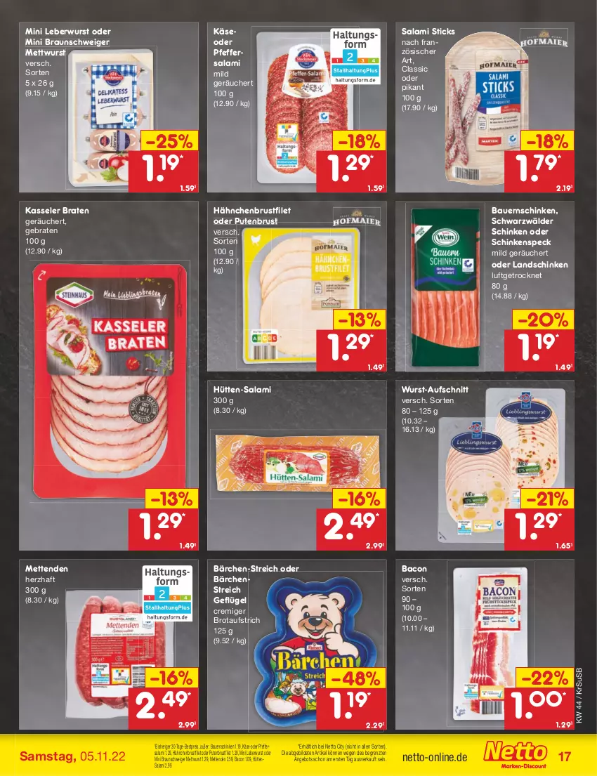 Aktueller Prospekt Netto Marken-Discount - Filial-Angebote - von 31.10 bis 05.11.2022 - strona 17 - produkty: angebot, auer, aufschnitt, aufstrich, bacon, Bau, Bauer, Bauernschinken, bestpreis, braten, braun, brot, brotaufstrich, brustfilet, eis, filet, Geflügel, hähnchenbrust, hähnchenbrustfilet, Käse, kasseler, landschinken, leberwurst, Mett, metten, Mettenden, mettwurst, pfeffer, pute, putenbrust, putenbrustfilet, reis, salami, schinken, schinkenspeck, schwarzwälder schinken, Speck, Ti, usb, wurst, ZTE