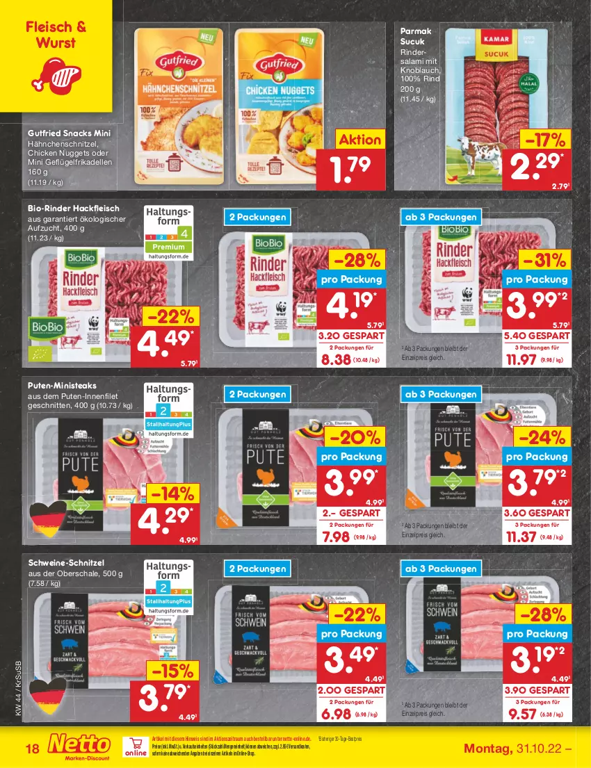 Aktueller Prospekt Netto Marken-Discount - Filial-Angebote - von 31.10 bis 05.11.2022 - strona 18 - produkty: bestpreis, bio, chicken nuggets, dell, eis, elle, filet, fleisch, frikadellen, Geflügel, gutfried, hackfleisch, Hähnchenschnitzel, knoblauch, mit knoblauch, ndk, nuggets, pute, reis, rind, rinder, Rindersalami, salami, Schal, Schale, schnitten, schnitzel, schwein, schweine, schweine-schnitzel, snack, snacks, steak, steaks, Sucuk, Ti, usb, wein, weine, wurst