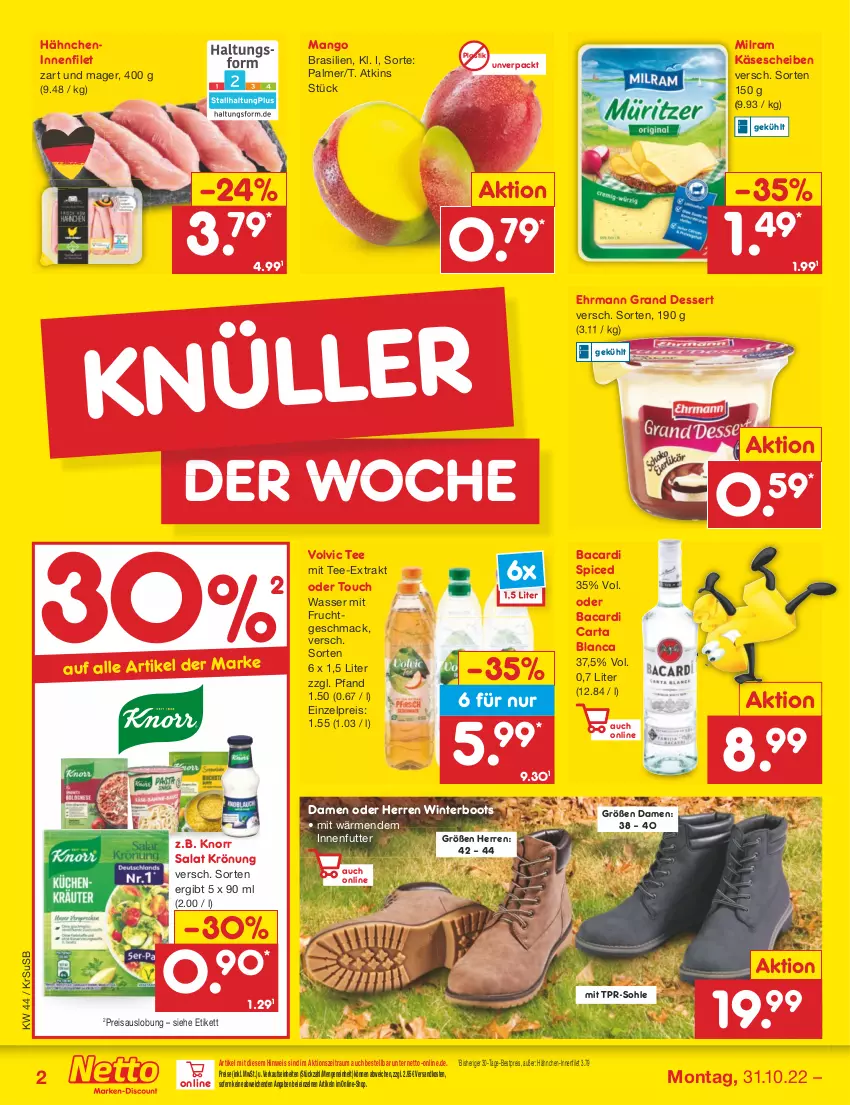 Aktueller Prospekt Netto Marken-Discount - Filial-Angebote - von 31.10 bis 05.11.2022 - strona 2 - produkty: asti, bacardi, bestpreis, dessert, ehrmann, Ehrmann Grand Dessert, eis, filet, frucht, Käse, käsescheiben, knorr, mac, mango, milram, mit frucht, ndk, reis, salat, tee, Ti, usb, volvic, wasser