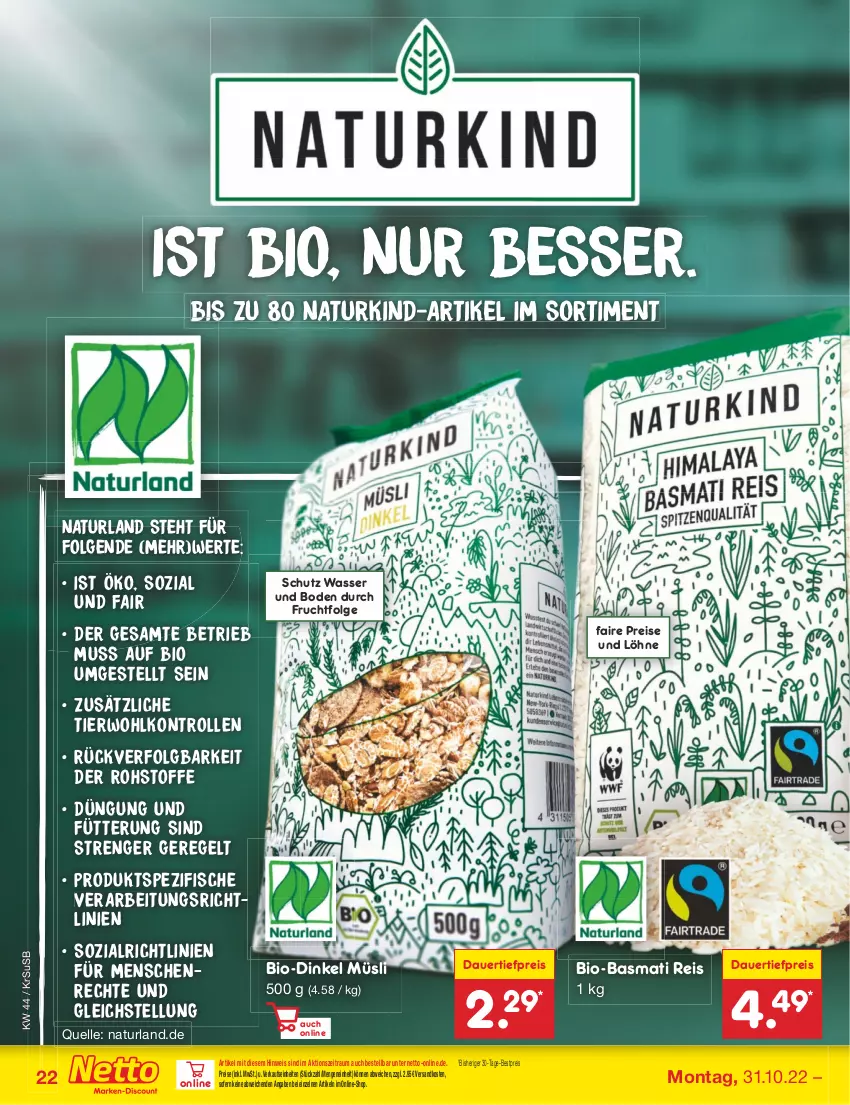 Aktueller Prospekt Netto Marken-Discount - Filial-Angebote - von 31.10 bis 05.11.2022 - strona 22 - produkty: auer, basmati, Basmati Reis, bestpreis, bio, dauertiefpreis, eis, elle, fisch, fische, frucht, LG, müsli, natur, naturland, ndk, reis, Spezi, Ti, tiefpreis, usb, wasser