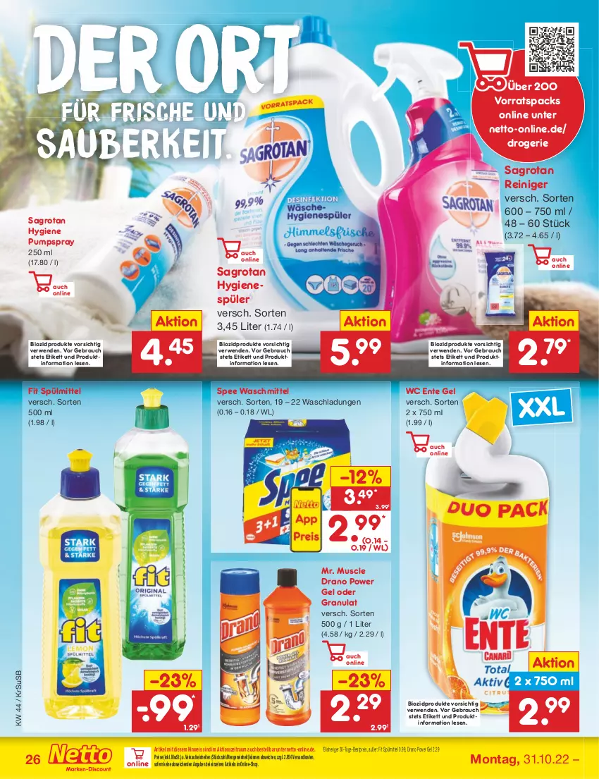 Aktueller Prospekt Netto Marken-Discount - Filial-Angebote - von 31.10 bis 05.11.2022 - strona 26 - produkty: bestpreis, bio, biozidprodukte, eis, ente, hygienespüler, ndk, Rauch, reiniger, reis, rwe, sagrotan, spee, spülmittel, Ti, usb, waschmittel, wc ente