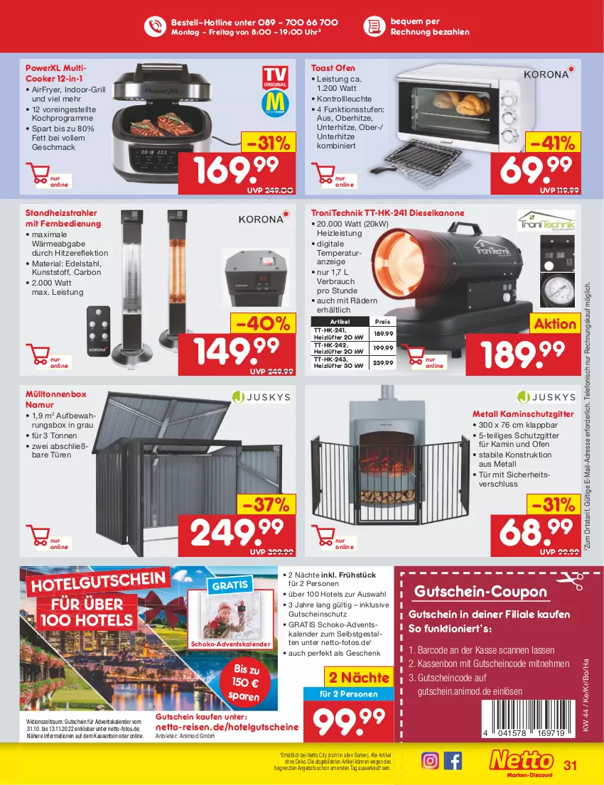 Aktueller Prospekt Netto Marken-Discount - Filial-Angebote - von 31.10 bis 05.11.2022 - strona 31 - produkty: Adventskalender, Airfryer, angebot, aufbewahrungsbox, coupon, Diesel, edelstahl, eis, fernbedienung, grill, gutschein, gutscheine, HP, Kamin, Leuchte, LG, mac, mit fernbedienung, Ofen, Rauch, reis, Ria, schoko, telefon, Ti, toast, uhr, ZTE