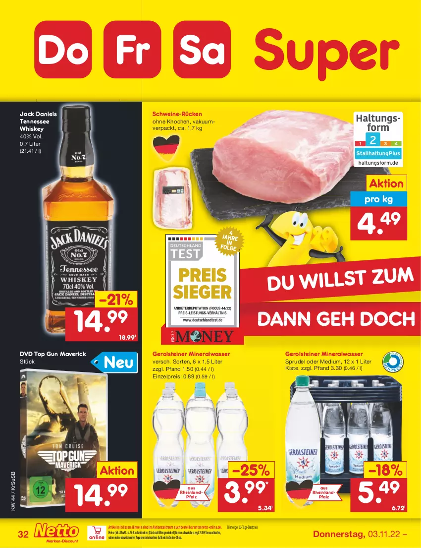 Aktueller Prospekt Netto Marken-Discount - Filial-Angebote - von 31.10 bis 05.11.2022 - strona 32 - produkty: Alwa, bestpreis, dvd, eis, gerolsteine, gerolsteiner, jack daniel, jack daniels, mineralwasser, ndk, reis, schwein, schweine, Sprudel, steiner, tennessee whiskey, Ti, usb, wasser, wein, weine, whiskey