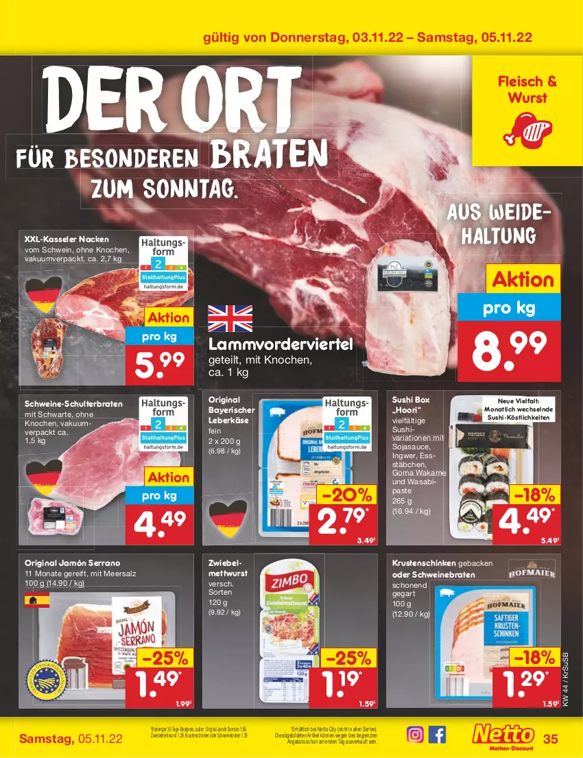 Aktueller Prospekt Netto Marken-Discount - Filial-Angebote - von 31.10 bis 05.11.2022 - strona 35 - produkty: angebot, bestpreis, braten, eis, fleisch, geback, gin, ingwer, jamón serrano, Käse, kasseler, Krustenschinken, lamm, leberkäs, leberkäse, meersalz, Mett, mettwurst, reis, Ria, salz, sauce, schinken, schwein, schweine, schweinebraten, serrano, soja, sojasauce, Sushi, Ti, usb, Wakame, wasa, wein, weine, wurst, ZTE, zwiebel, zwiebelmettwurst