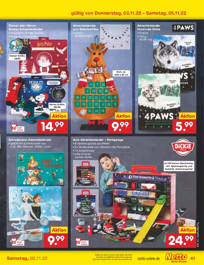 Aktueller Prospekt Netto Marken-Discount - Filial-Angebote - von 31.10 bis 05.11.2022 - strona 41 - produkty: Adventskalender, angebot, auto, Bau, ente, koffer, leine, schreibwaren, snack, snacks, socken, spielzeug, Sport, stifte, Ti, tisch, ZTE