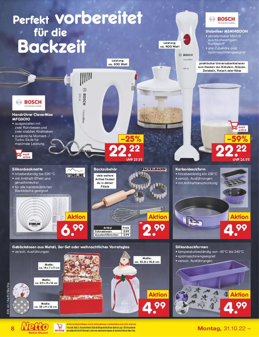 Aktueller Prospekt Netto Marken-Discount - Filial-Angebote - von 31.10 bis 05.11.2022 - strona 8 - produkty: Backform, Backmatte, Backzubehör, eis, fleisch, Käse, kräuter, kräutern, leine, Mixer, ndk, reis, salz, Schneebesen, spülmaschinen, stabmixer, Ti, tisch, versandkostenfrei, Zerkleinerer, zwiebel, zwiebeln