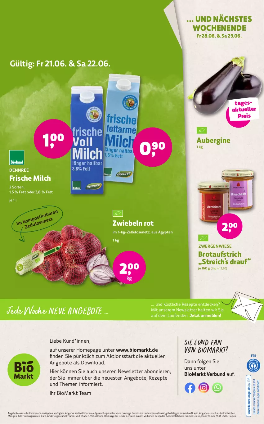 Aktueller Prospekt Denns Biomarkt - von 19.06 bis 02.07.2024 - strona 12 - produkty: angebot, angebote, aubergine, auer, aufstrich, bio, brot, brotaufstrich, decke, dennree, drucker, eis, elle, Engel, frische milch, gin, kerze, Laufen, LG, milch, Omep, reis, rezept, rezepte, Stier, Ti, ZTE, zwiebel, zwiebeln