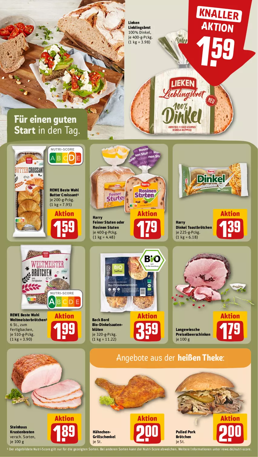 Aktueller Prospekt Rewe - Prospekte - von 20.11 bis 25.11.2023 - strona 10 - produkty: angebot, angebote, bio, Blüte, braten, brot, brötchen, butter, Croissant, eis, grill, henkel, krustenbraten, lieken, Meister, Pulled Pork, reis, rewe beste wahl, schenkel, schinken, steinhaus, Ti, toast