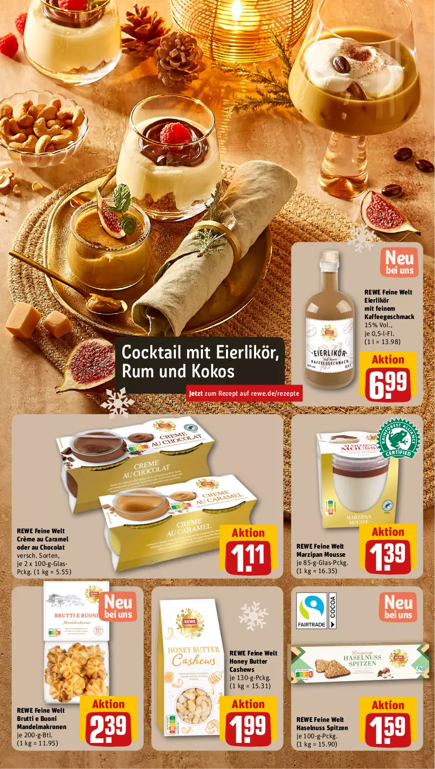 Aktueller Prospekt Rewe - Prospekte - von 20.11 bis 25.11.2023 - strona 19 - produkty: brut, butter, caramel, Cashew, cocktail, cola, eier, eierlikör, haselnuss, kaffee, kokos, krone, likör, mac, mandel, marzipan, mousse, nuss, rewe feine welt, rezept, rezepte, rum, Ti