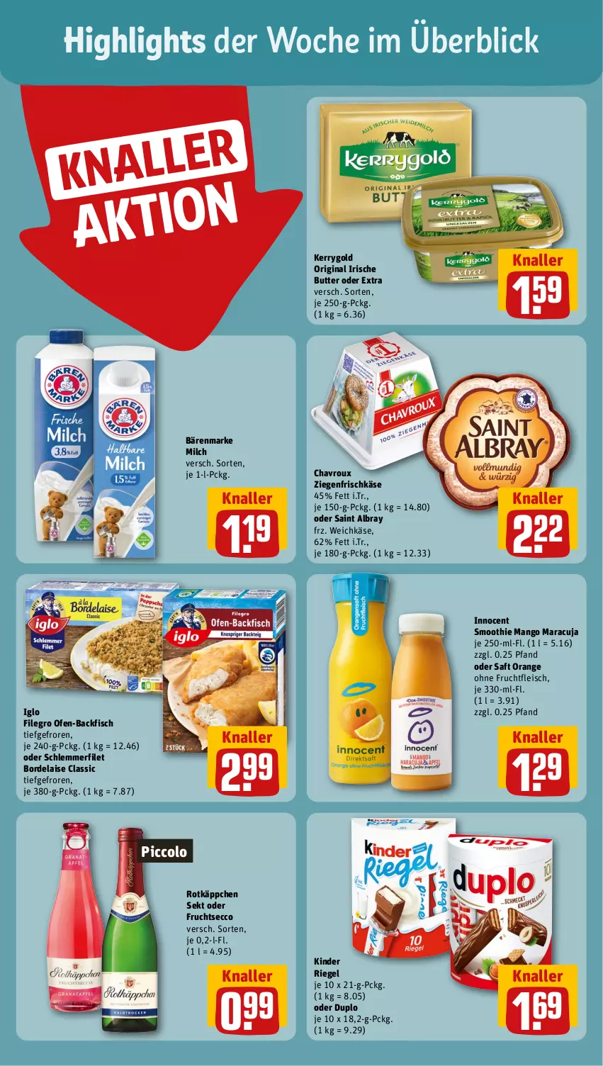 Aktueller Prospekt Rewe - Prospekte - von 20.11 bis 25.11.2023 - strona 2 - produkty: albray, backfisch, bärenmarke, bordelaise, butter, chavroux, duplo, ecco, eis, filegro, filet, fisch, fleisch, frischkäse, frucht, fruchtfleisch, fruchtsecco, gin, iglo, Innocent, irische butter, Käse, kerrygold, Kinder, kinder riegel, mango, maracuja, milch, Ofen, ofen-backfisch, orange, riegel, rotkäppchen, saft, saint albray, schlemmerfilet, sekt, smoothie, Ti, weichkäse, ziegenfrischkäse