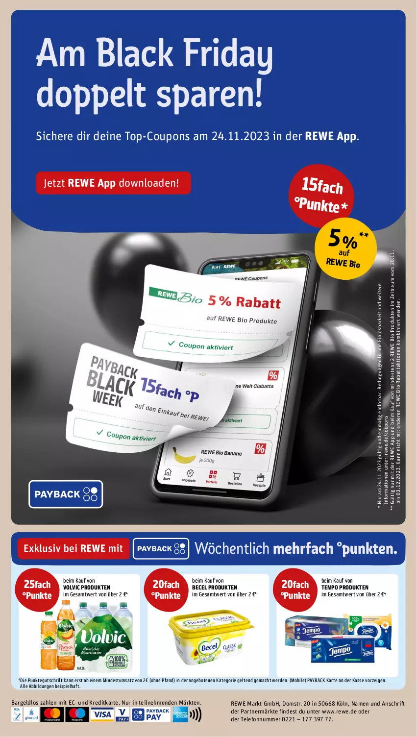 Aktueller Prospekt Rewe - Prospekte - von 20.11 bis 25.11.2023 - strona 22 - produkty: angebot, angebote, becel, bio, coupon, coupons, eis, erde, friday, lack, mac, payback, rewe bio, telefon, Tempo, Ti, volvic