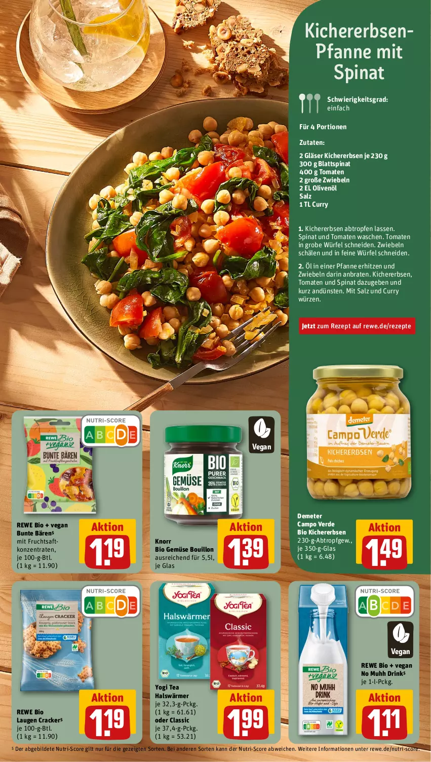 Aktueller Prospekt Rewe - Prospekte - von 20.11 bis 25.11.2023 - strona 5 - produkty: bio, bio gemüse, blattspinat, braten, Campo Verde, cracker, curry, drink, erbsen, erde, frucht, fruchtsaft, Gläser, kichererbsen, knorr, mit frucht, olive, oliven, olivenöl, pfanne, rewe bio, rezept, rezepte, saft, salz, spinat, Ti, tomate, tomaten, würfel, Yo, zwiebel, zwiebeln