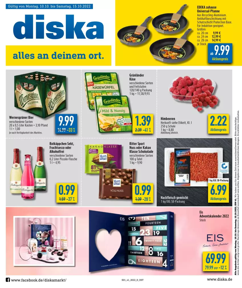 Aktueller Prospekt Diska - Prospekte - von 10.10 bis 15.10.2022 - strona 1 - produkty: Adventskalender, aktionspreis, alkohol, angebot, angebote, beere, beeren, bier, Clin, deka, ecco, eis, flasche, frucht, fruchtsecco, grünländer, himbeer, himbeere, himbeeren, kakao, Käse, nuss, pfanne, reis, ritter, ritter sport, rotkäppchen, Schal, Schale, schoko, schokolade, sekt, Sport, Ti, würfel