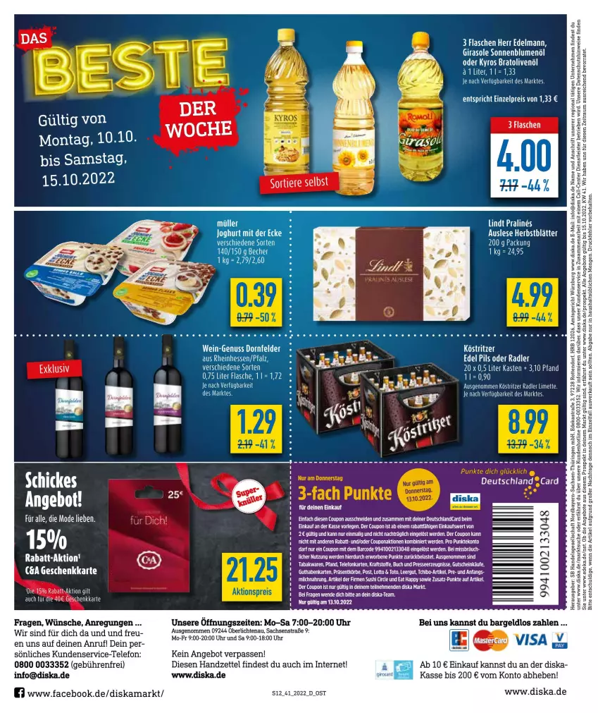 Aktueller Prospekt Diska - Prospekte - von 10.10 bis 15.10.2022 - strona 12 - produkty: angebot, angebote, Astra, blume, blumen, blumenöl, buch, coupon, deka, dornfelder, eis, ente, erde, guthabenkarte, gutschein, köstritzer, kraft, limette, Mett, nuss, olive, oliven, olivenöl, radler, reis, ring, sac, sonnenblume, sonnenblumen, sonnenblumenöl, Tchibo, tee, telefon, Ti, uhr, wein