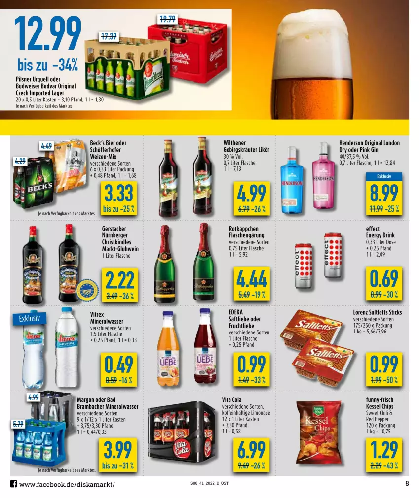 Aktueller Prospekt Diska - Prospekte - von 10.10 bis 15.10.2022 - strona 8 - produkty: Alwa, Bad, Berger, bier, budweiser, chili, chips, cola, deka, drink, Effect, eis, enders, energy drink, flasche, frucht, funny-frisch, gin, Glühwein, Kindle, kräuter, likör, limo, limonade, london dry, lorenz, mineralwasser, nürnberger, pils, pilsner, pilsner urquell, rotkäppchen, saft, saltletts, schöfferhofer, Ti, vita, Vita C, vitrex, wasser, wein, wilthener