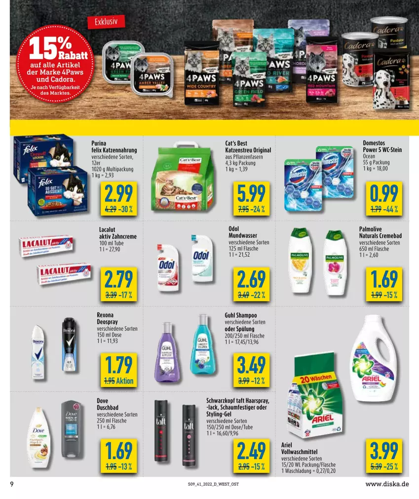 Aktueller Prospekt Diska - Prospekte - von 10.10 bis 15.10.2022 - strona 9 - produkty: Bad, creme, deo, deospray, domestos, dove, duschbad, felix, flasche, gin, Guhl, haarspray, katzennahrung, Katzenstreu, Lacalut, mundwasser, natur, natura, Odol, olive, palmolive, pflanze, pflanzen, purina, rexona, schaumfestiger, schwarzkop, schwarzkopf, shampoo, spülung, Taft, Ti, vollwaschmittel, waschmittel, wasser, zahncreme