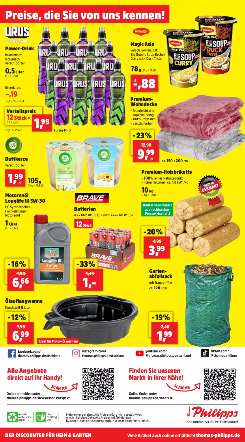 Aktueller Prospekt Thomas Philipps - von 12.02 bis 17.02.2024 - strona 8 - produkty: abholpreise, alle preise sind abholpreise, angebot, angebote, batterie, batterien, Becher, briketts, Clin, curry, decke, discount, drink, Duck, Duftkerze, eis, Garten, Handy, Holz, Holzbriketts, kerze, longlife, motorenöl, natur, papier, reis, sac, Ti, tisch, tragegriff, vorteilspreis, Wanne, Yo