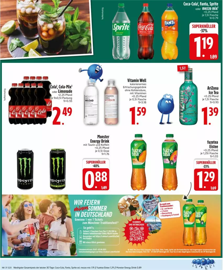 Aktueller Prospekt Edeka - Prospekte - von 28.07 bis 02.08.2025 - strona 22 - produkty: coca-cola, cola, drink, eis, eistee, energy drink, erfrischungsgetränk, fanta, flasche, fuzetea, getränk, ice tea, limo, limonade, Mezzo Mix, monster, Monster Energy, reis, sprite, tee, vita, Vitamine, ZTE
