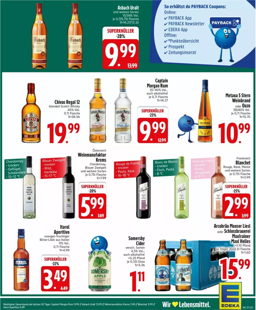 Aktueller Prospekt Edeka - Prospekte - von 28.07 bis 02.08.2025 - strona 23 - produkty: alkohol, asbach uralt, auer, blauer zweigelt, blended scotch, blended scotch whisky, Cap, cider, coupon, coupons, deka, Faktu, flasche, frucht, lebensmittel, likör, Maxlrainer, merl, merlot, Metaxa, orange, orangen, ouzo, payback, regal, rouge, rum, scotch, scotch whisky, sim, somersby, Ti, wein, weinbrand, whisky, Zweigelt
