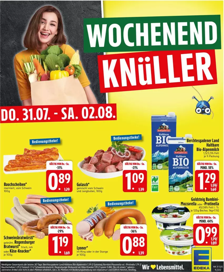 Aktueller Prospekt Edeka - Prospekte - von 28.07 bis 02.08.2025 - strona 27 - produkty: alpenmilch, Bau, bauchscheiben, Becher, bio, bratwurst, burger, ente, goldsteig, gulasch, jungbullen, Käse, knacker, lyoner, milch, mozzarella, regensburger, rel, ring, schwein, Ti, wein, wurst, Yo, ZTE
