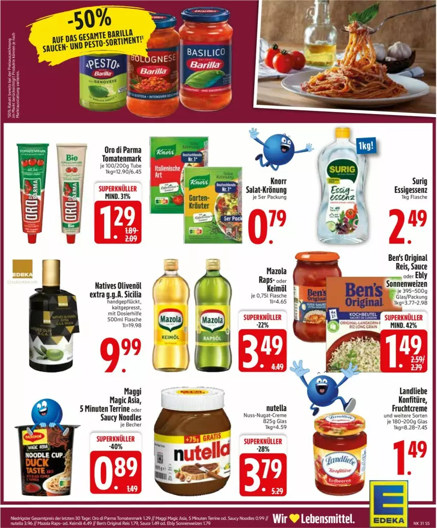Aktueller Prospekt Edeka - Prospekte - von 28.07 bis 02.08.2025 - strona 7 - produkty: barilla, Becher, creme, Duck, eis, ente, essig, flasche, frucht, gin, keimöl, knorr, konfitüre, landliebe, maggi, mazola, natives olivenöl, nuss, nuss-nugat-creme, nutella, olive, oliven, olivenöl, olivenöl extra, oro di parma, reis, salat, sauce, terrine, Ti, tomate, tomaten, tomatenmark