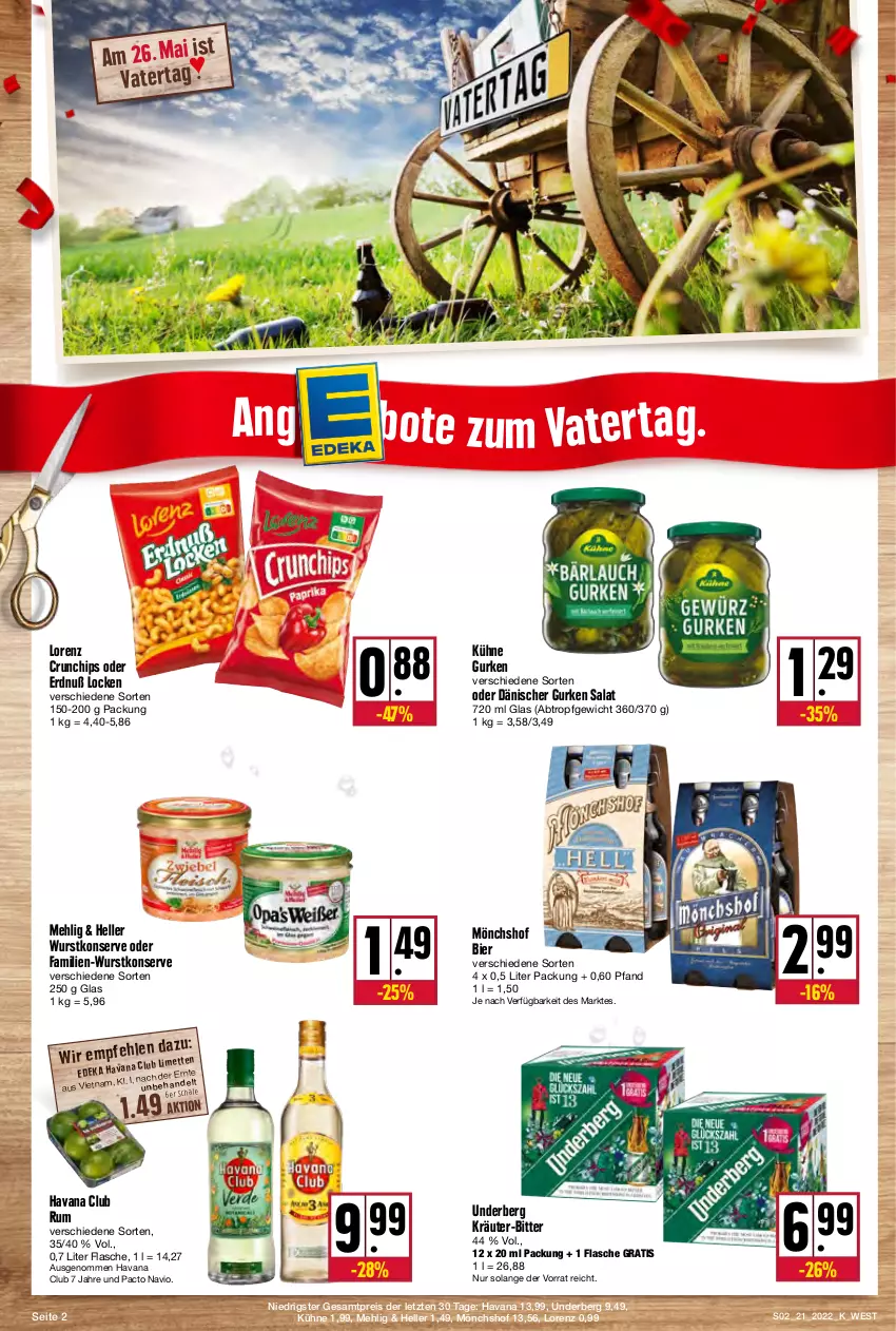 Aktueller Prospekt Kupsch - Angebote der Woche - von 23.05 bis 28.05.2022 - strona 2 - produkty: bier, chips, crunchips, eis, elle, flasche, gurke, gurken, Havana Club, kräuter, Kühne, lorenz, lorenz crunchips, mehl, mönchshof, reis, rum, salat, Ti, underberg, wurst, ZTE