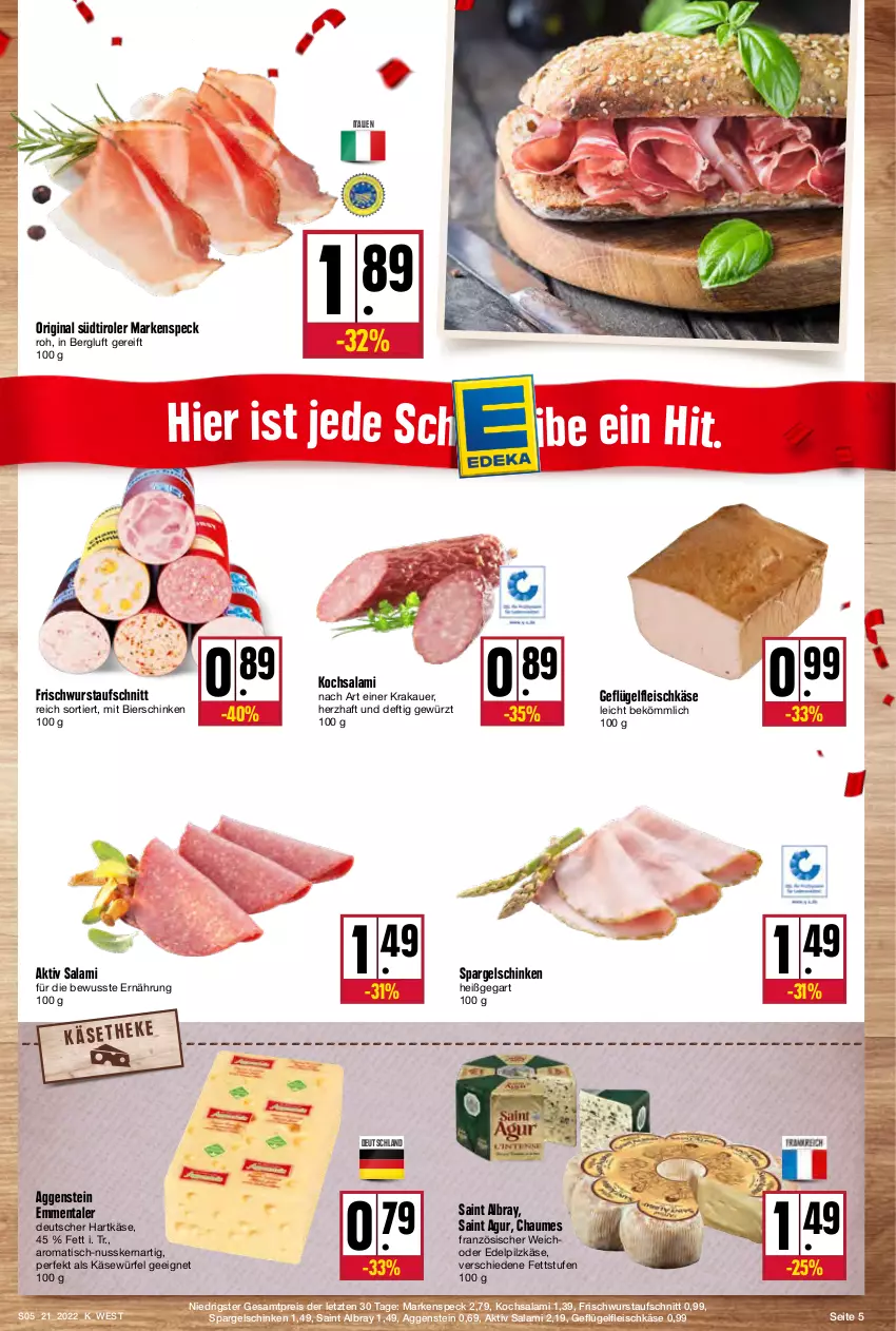 Aktueller Prospekt Kupsch - Angebote der Woche - von 23.05 bis 28.05.2022 - strona 5 - produkty: albray, auer, aufschnitt, bier, bierschinken, chaumes, eis, emmentaler, fleisch, fleischkäse, Geflügel, gewürz, gin, hartkäse, Käse, krakauer, nuss, reis, Saint Agur, saint albray, salami, schinken, spargel, spargelschinken, Speck, südtiroler, Ti, tisch, würfel, wurst, ZTE