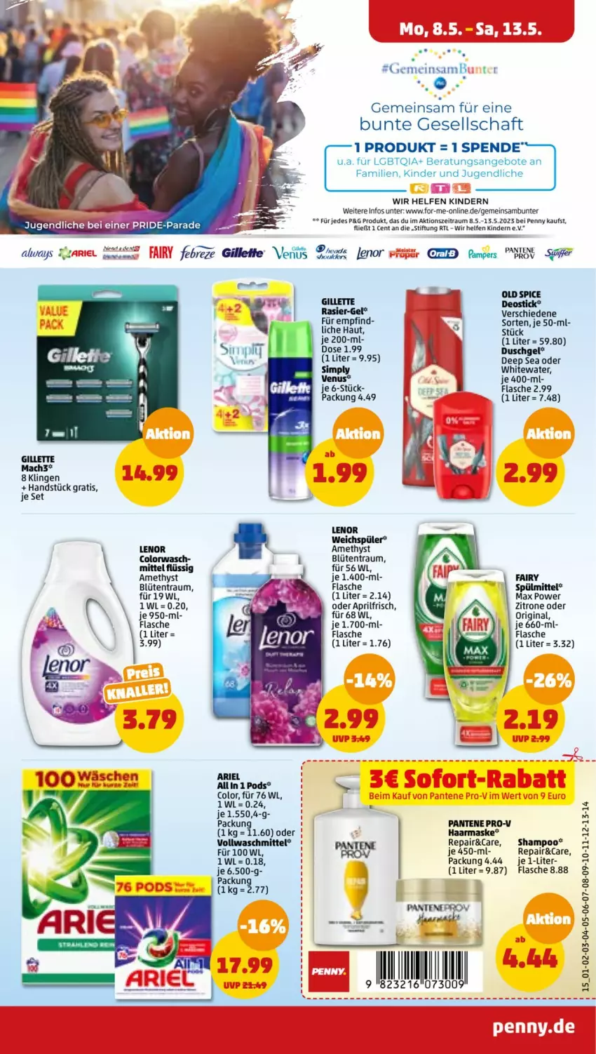 Aktueller Prospekt Penny - Prospekte - von 08.05 bis 13.05.2023 - strona 15 - produkty: Alwa, Always, angebot, angebote, ariel, Blüte, deo, Deostick, fairy, febreze, flasche, gillette, gin, Kinder, lenor, lenor weichspüler, LG, mac, mach3, Maske, pampers, pantene, pantene pro-v, Pods, pril, pro-v, shampoo, sim, spülmittel, Ti, vollwaschmittel, waschmittel, weichspüler, zitrone