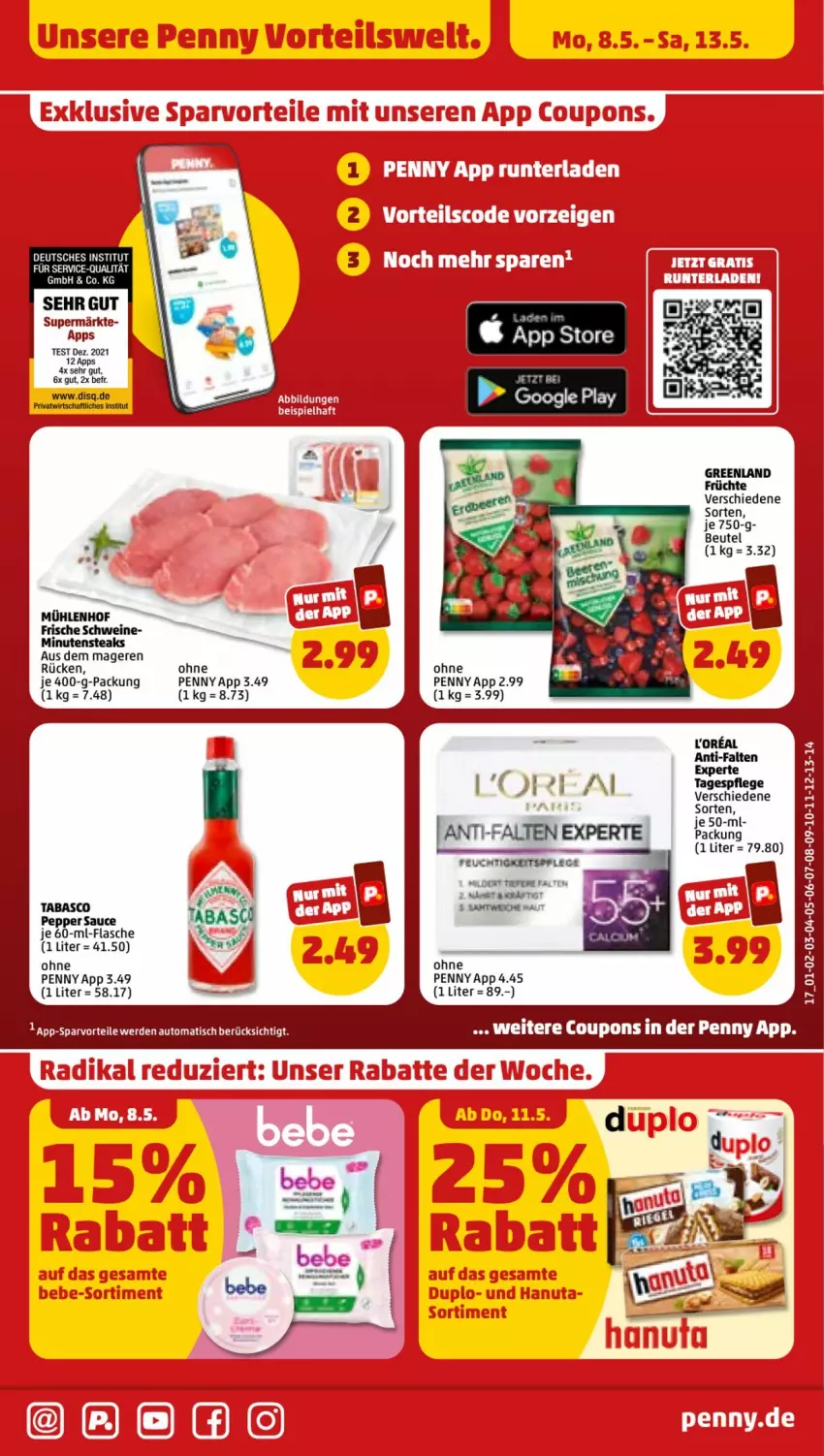 Aktueller Prospekt Penny - Prospekte - von 08.05 bis 13.05.2023 - strona 17 - produkty: anti-falten experte, auto, beutel, erde, flasche, früchte, loreal, minutensteaks, sauce, schwein, schweine, steak, steaks, tabasco, Tagespflege, Ti, tisch, wein, weine