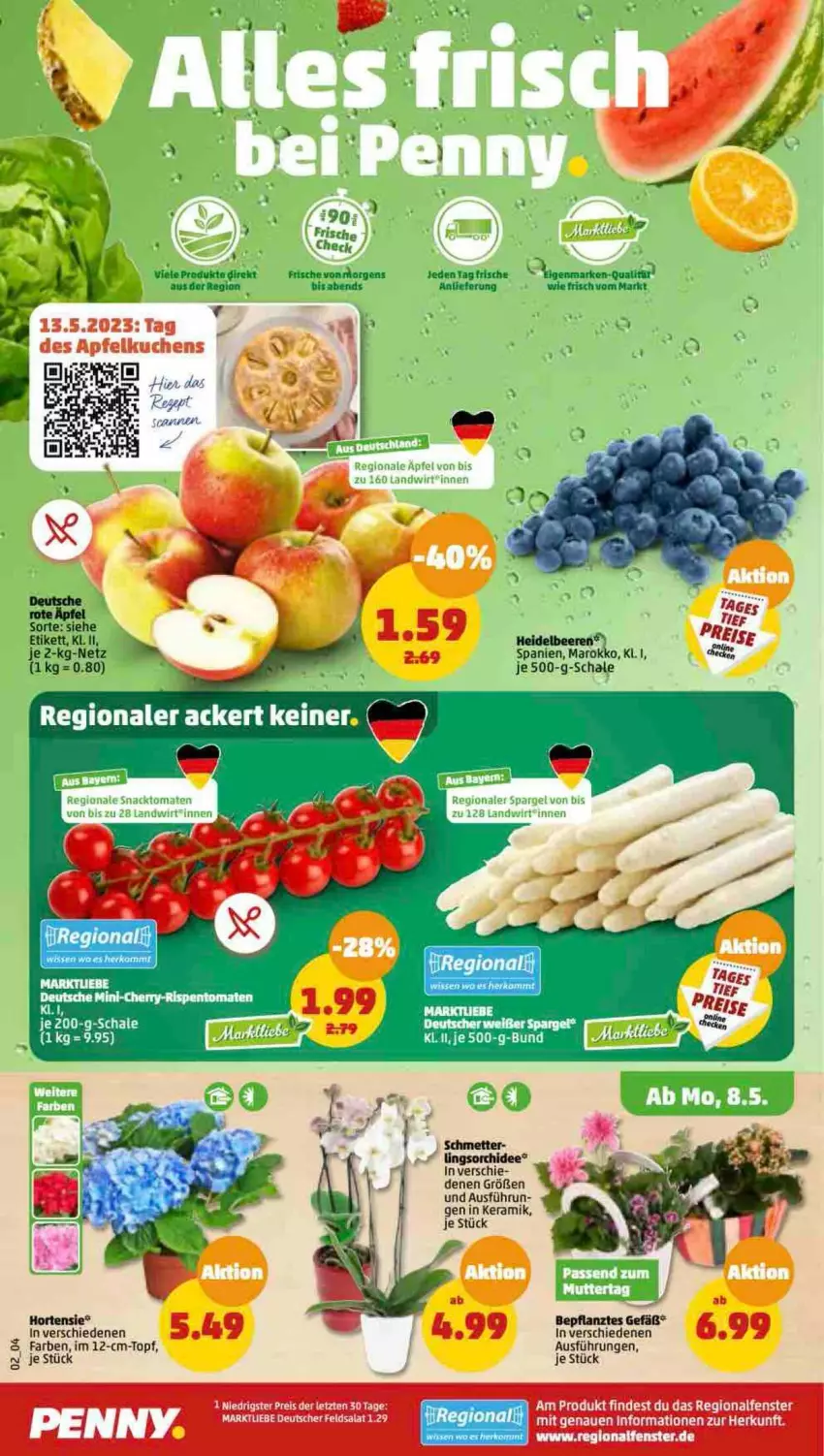 Aktueller Prospekt Penny - Prospekte - von 08.05 bis 13.05.2023 - strona 2 - produkty: apfel, essig, feldsalat, fenster, gin, hortensie, Mett, orchidee, salat, Schal, Schale, snack, spargel, Ti, tomate, tomaten, topf