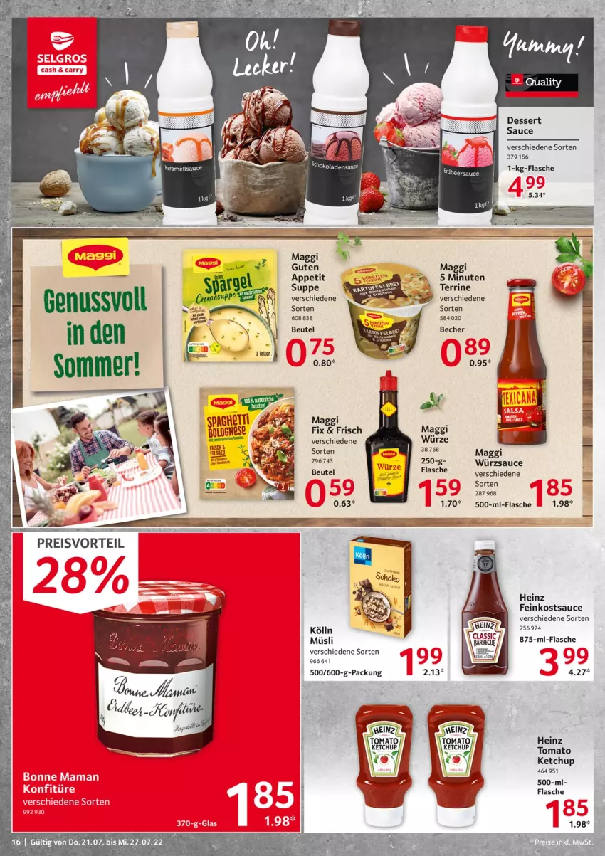 Aktueller Prospekt Selgros - Food - von 21.07 bis 27.07.2022 - strona 16 - produkty: Becher, beutel, dessert, eis, feinkost, flasche, heinz, ketchup, kölln, maggi, müsli, preisvorteil, reis, sauce, suppe, terrine, Ti, tomato ketchup, würzsauce