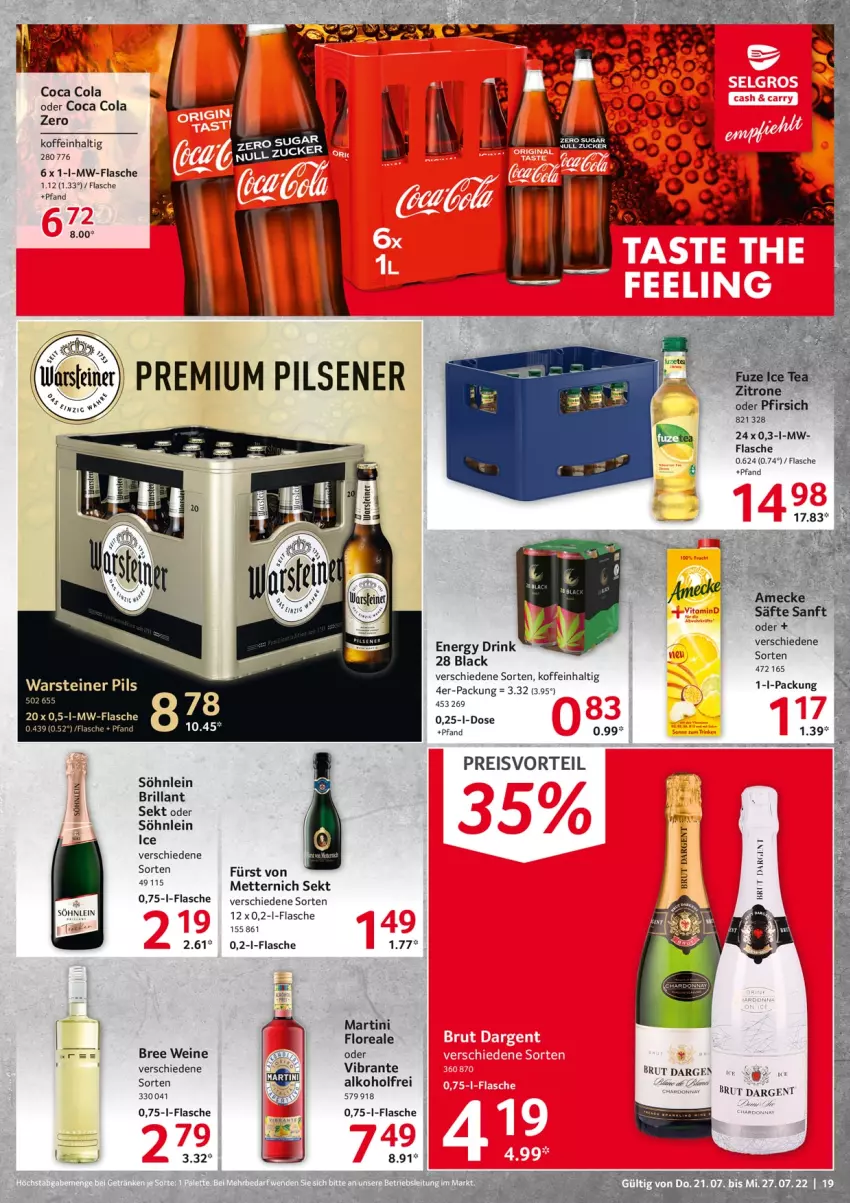 Aktueller Prospekt Selgros - Food - von 21.07 bis 27.07.2022 - strona 19 - produkty: alkohol, bree, brut, cola, drink, eis, energy drink, flasche, lack, loreal, martini, Mett, metternich, mw-flasche, pils, pilsener, preisvorteil, premium pils, reis, säfte, sekt, söhnlein, steiner, Ti, warsteiner, wein, weine